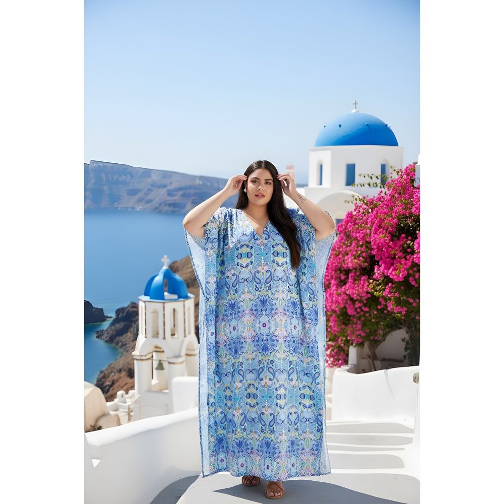 Women Plus Size Floral Print Sky Blue Kaftan Dress Beach Party Cover Up Dresses